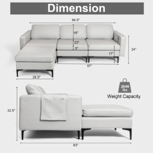 Giantex 94.5" L Convertible Sofa Couch, 3 Seat Sectional Sleeper with USB Ports & Socket, Reversible Chaise Lounge, Storage Box, L-Shaped Modular Sofa for Living Room Bedroom Office, Light Grey