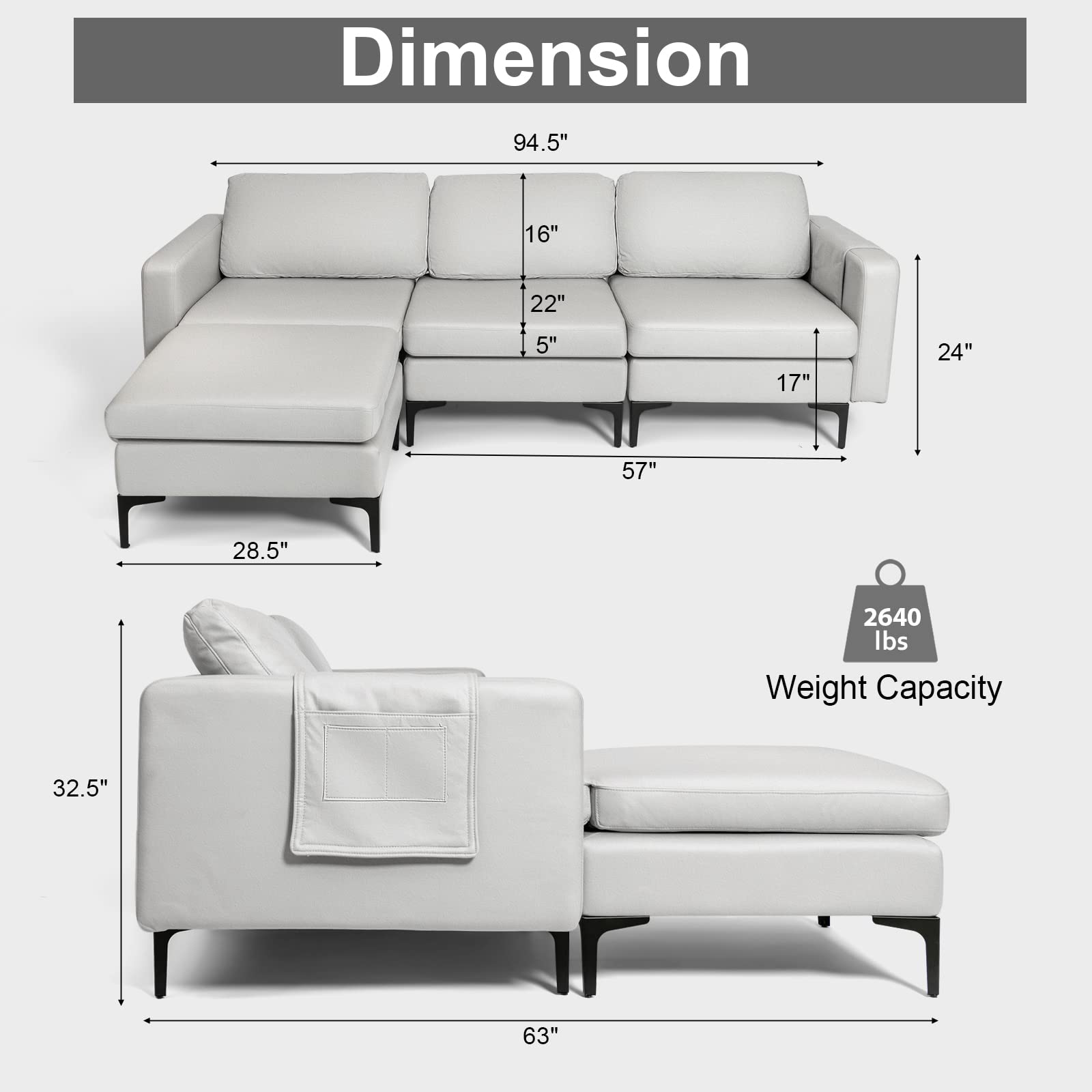 Giantex 94.5" L Convertible Sofa Couch, 3 Seat Sectional Sleeper with USB Ports & Socket, Reversible Chaise Lounge, Storage Box, L-Shaped Modular Sofa for Living Room Bedroom Office, Light Grey