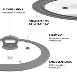 Vented Tempered Glass Universal Lid for Pot Pan Skillet with Heat Resistant Silicone Rim Microwave Splatter Lid Cover Microwave Safe Fit 11.5" 12" 12.5" Cookware, Dishwasher Safe Grey