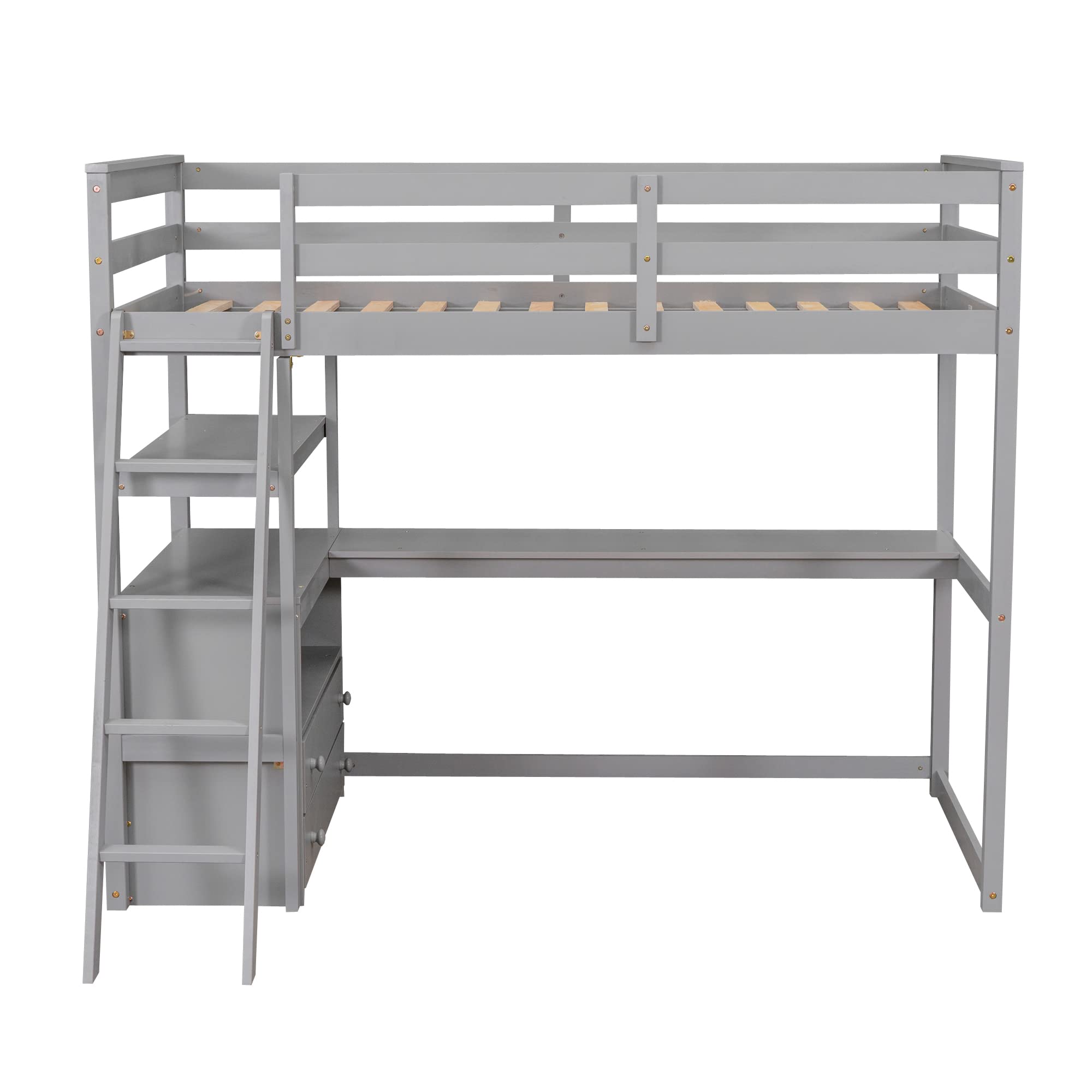 Bellemave Twin Loft Bed with Desk and Storage Drawers Wood Loft Bed with Bookshelf and Ladder for Kids Boys Girls Teens, Gray