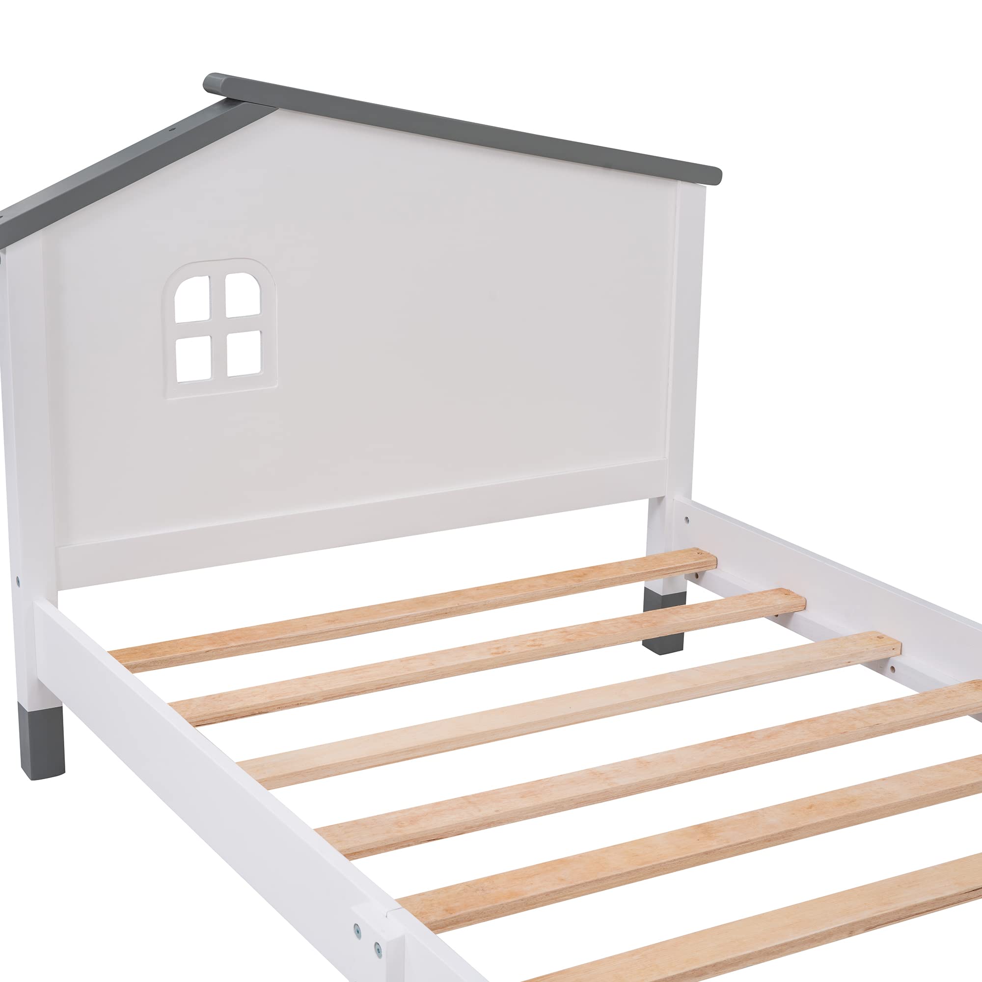 Merax Kids Mordern House Beds Frame Twin, Wood Low Bed for Boys,Girls, No Box Spring Need (Twin, White+Gray)