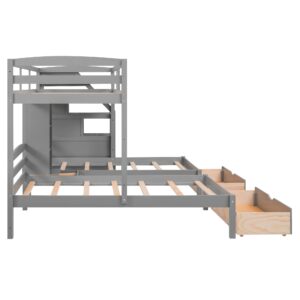 Triple Bunk Beds with Stairs , Wood Twin Over Twin & Twin Bunk Bed with Storage Drawers and Built-in Shelves, Triple Bed for Kids ,3 Bed Bunk Beds with Storage for Girls Boys ,Grey