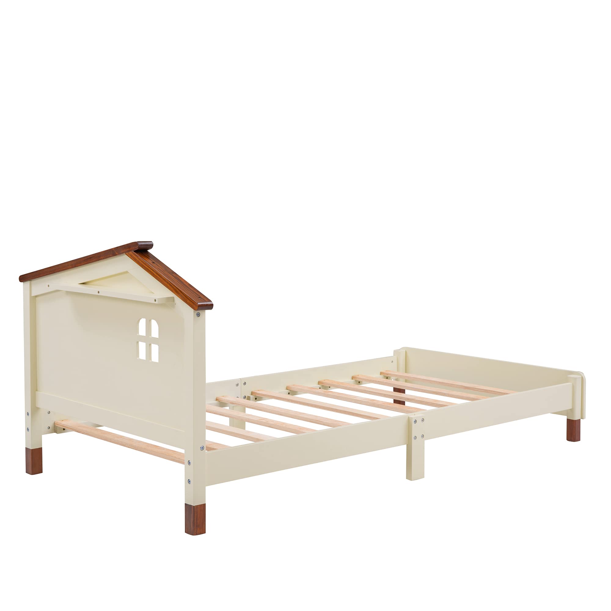 Merax Kid Twin Wood Bed House Frame, Wood Platform Bed for Boys Girls,No Box Spring Needed,Easy Assemble (Twin,Cream+Walnut)