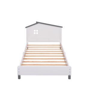 Merax Kids Mordern House Beds Frame Twin, Wood Low Bed for Boys,Girls, No Box Spring Need (Twin, White+Gray)