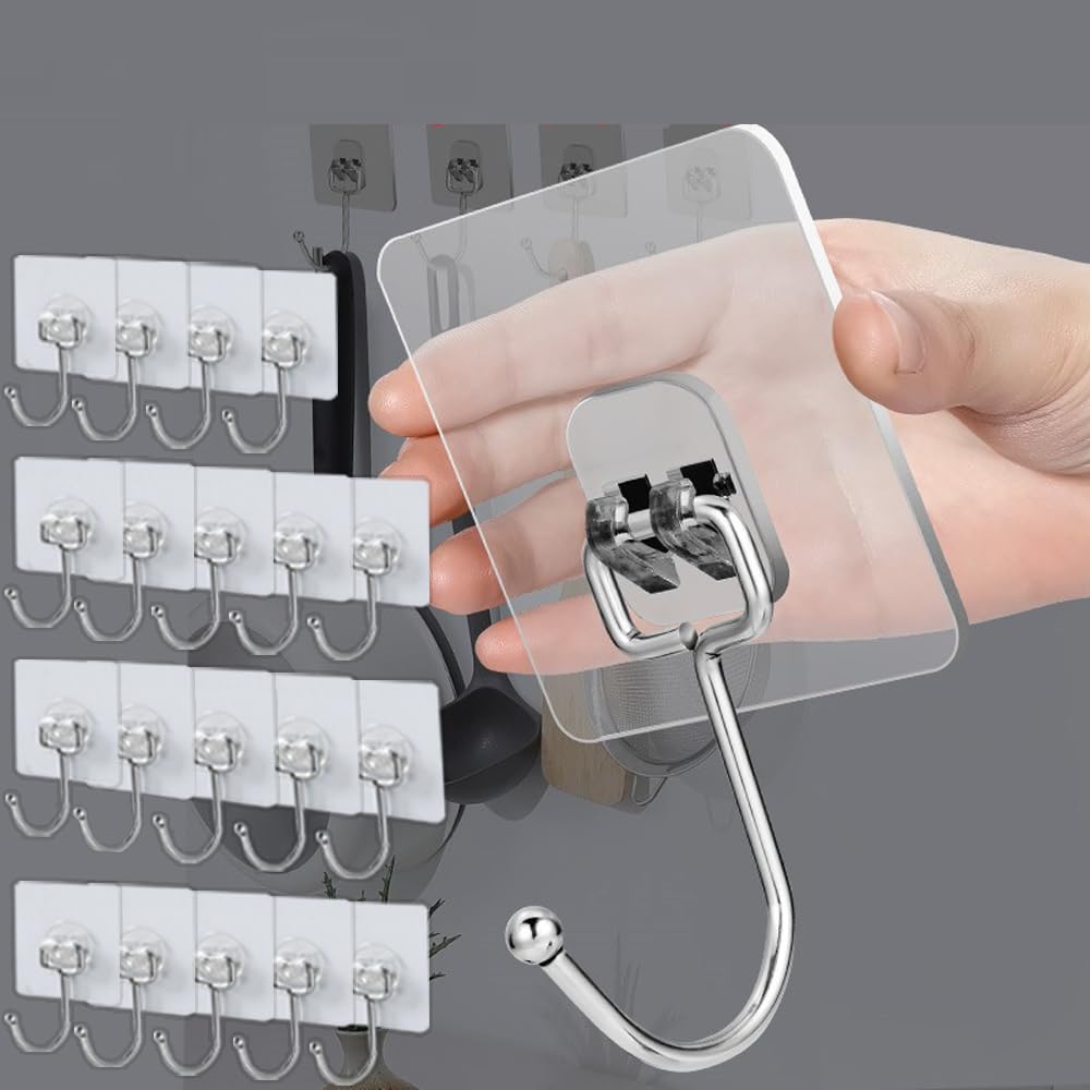 BAIEUEJO 20 Pieces Transparent Adhesive Hooks, No Drilling Adhesive Hooks, Stainless Wall Hooks, Waterproof Self-Adhesive Hook for Bathrooms/Kitchens/Ceilings (Maximum Load of 20 kg)