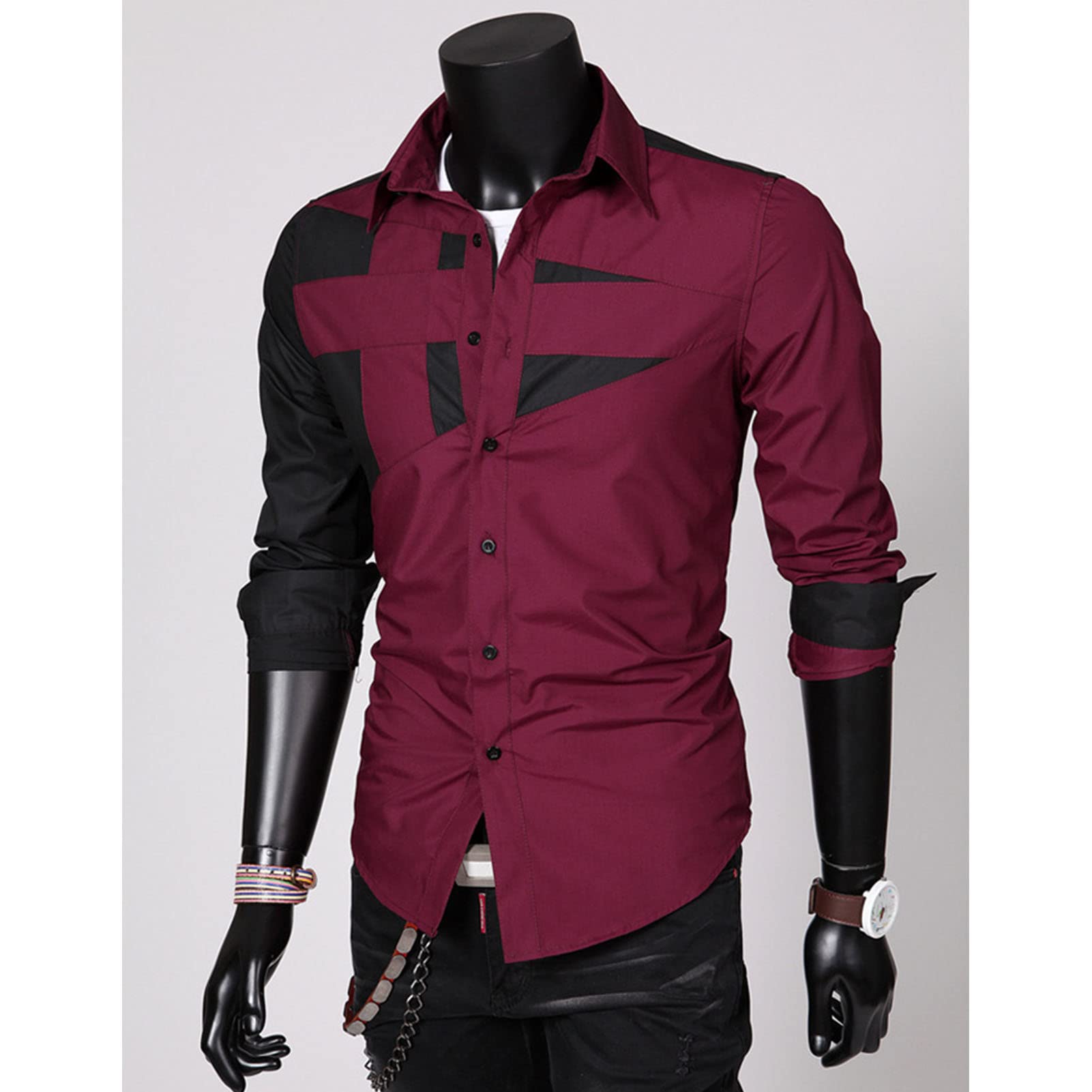 Men's Long Sleeve Stylish Dress Shirts Patchwork Casual Button Down Shirts Turn-Down Collar Shirt Top (Red,XX-Large)