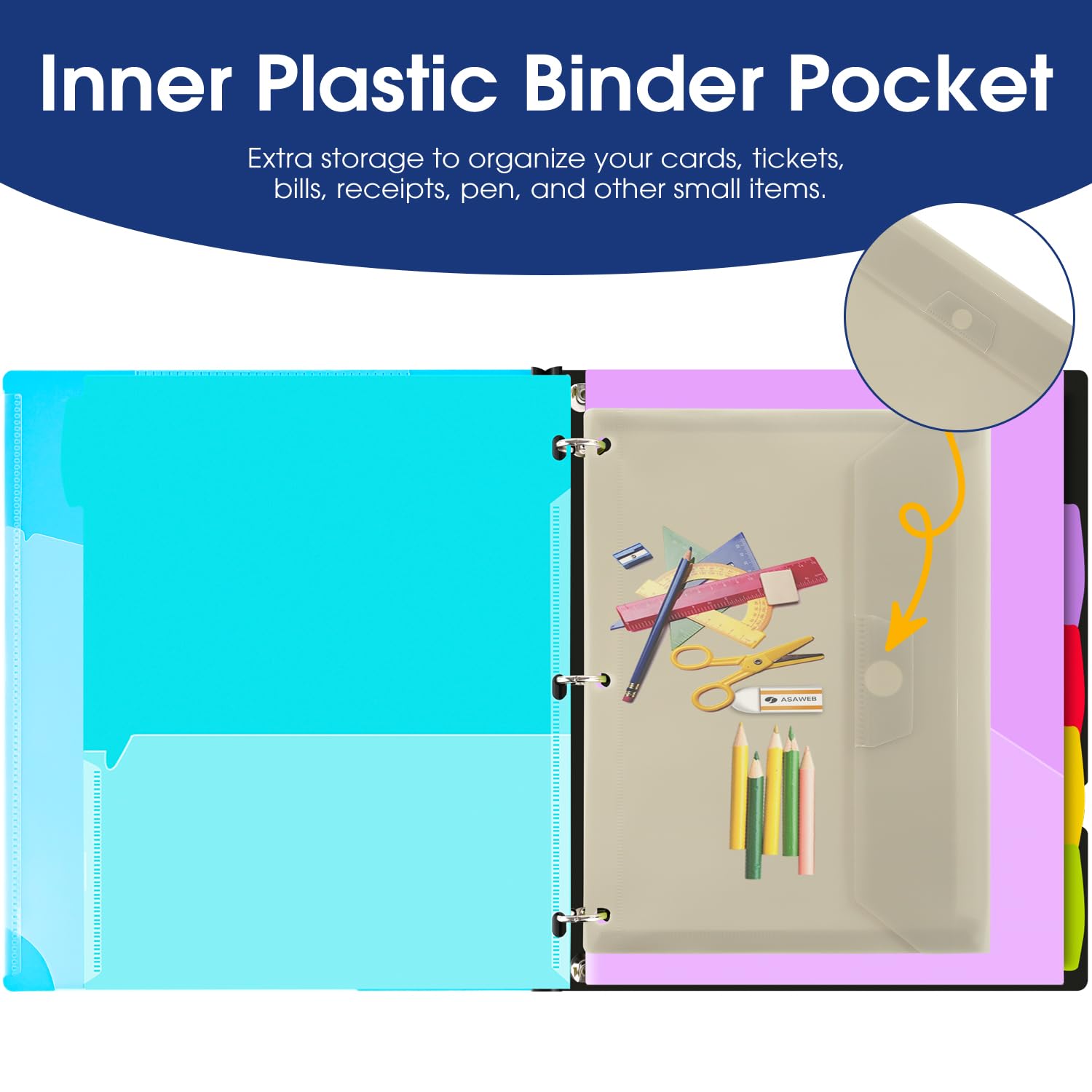 INFUN Telescoping Project Organizer Binder,13 Pocket 3-Ring Folder Binder with Customizable Front Cover,Refillable Binder Organizer with 5 Colors Divider with Tabs and Plastic Binder Pocket -Blue