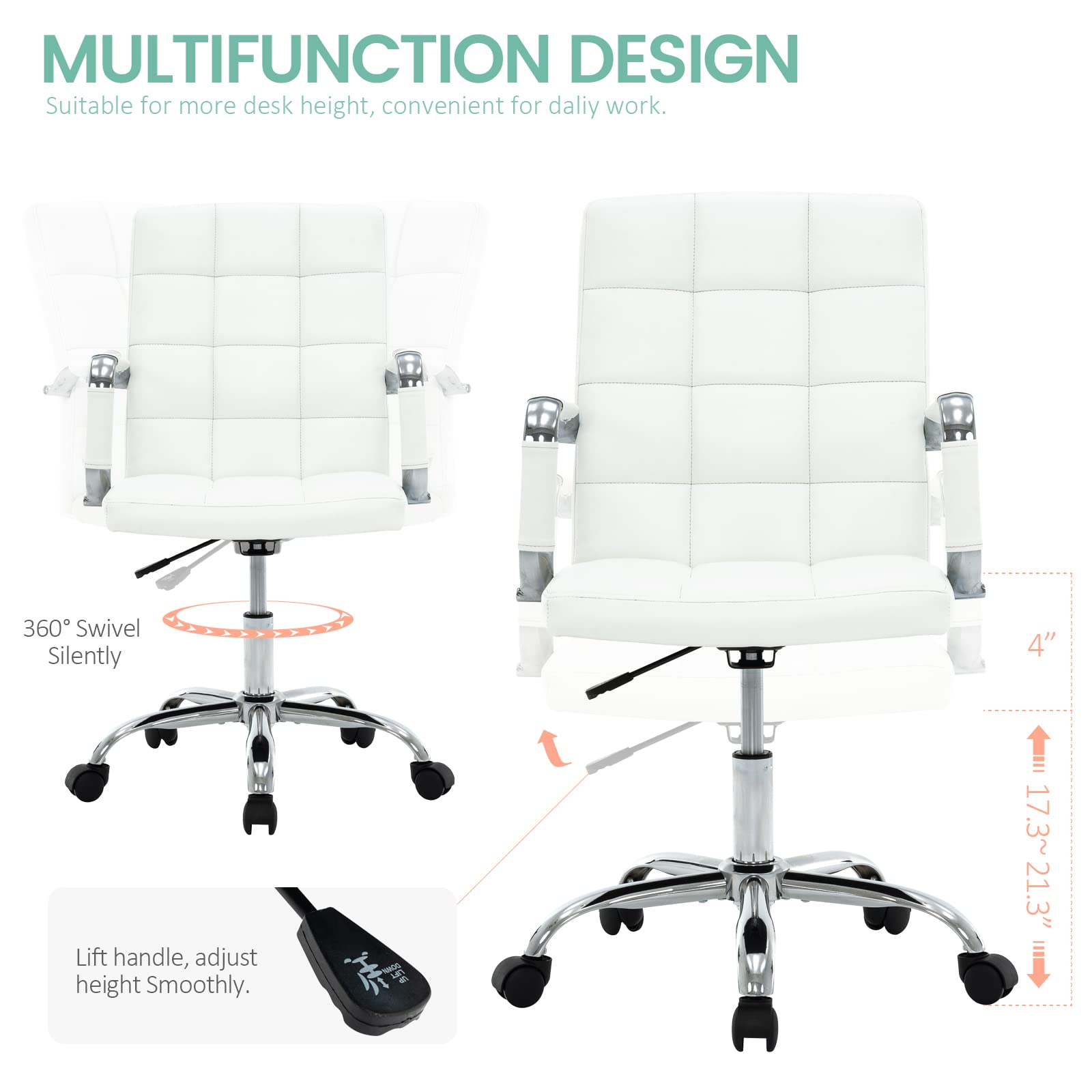 MFD LIVING High Back Desk Chair, Modern PU Leather Home Office Task Chair with Arms, Adjustable Swivel Computer Executive Chair with Wheels (Pearl White)