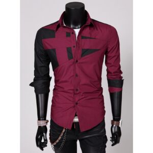 Men's Long Sleeve Stylish Dress Shirts Patchwork Casual Button Down Shirts Turn-Down Collar Shirt Top (Red,XX-Large)