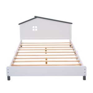 Merax Kids Beds with House Frame Headboard Full Size, Fun Wood Low Bed Frame for Boys,Girls, No Box Spring Need (Full, White+Gray)