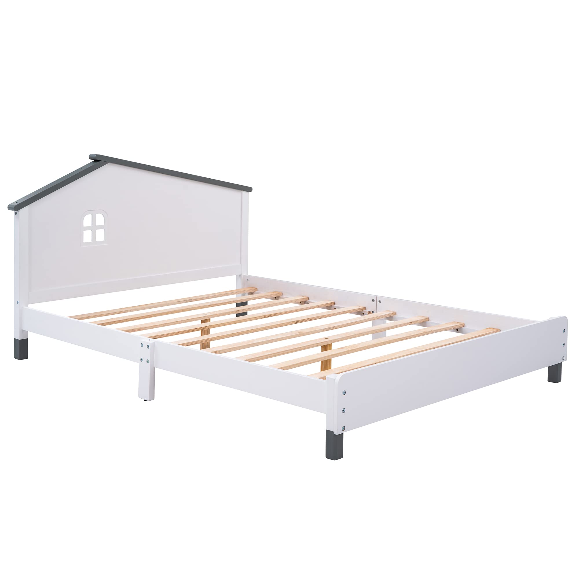 Merax Kids Beds with House Frame Headboard Full Size, Fun Wood Low Bed Frame for Boys,Girls, No Box Spring Need (Full, White+Gray)