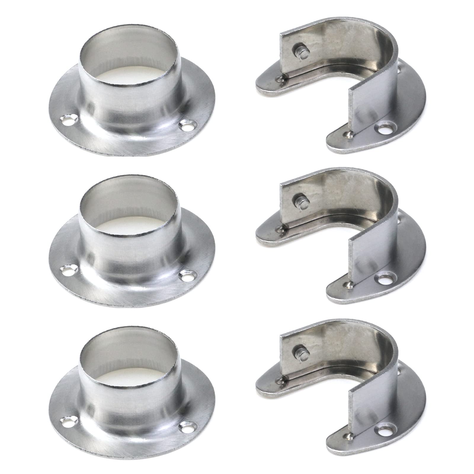 Tighall 6PCS Heavy Duty Stainless Steel Closet Pole Sockets Rod End Support Flange Rod Holder Set Wall Mount Pipe Bracket with Screws for Closet Wardrobe Shower Curtain Rod (Fit 33mm / 1.3", Silver)