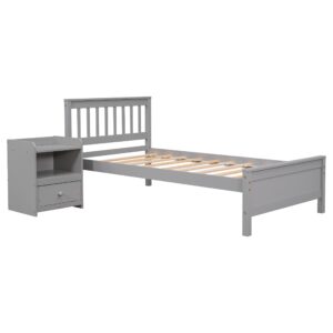 CITYLIGHT Twin Size Platform Bed with a Nightstand, Wooden Twin Bed Frame with Headboard and Footboard for Kids, Teens, Adults, No Box Spring Required (Twin, Gray)