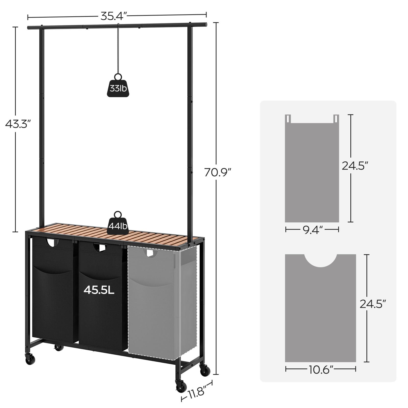 YATINEY Laundry Sorter, Laundry Hamper with Hanging Rack, Laundry Sorter 3 Section, Laundry Basket with Wheels, Hampers for Laundry, Laundry Basket Organizer for Laundry Room, Rustic Brown LS37BR