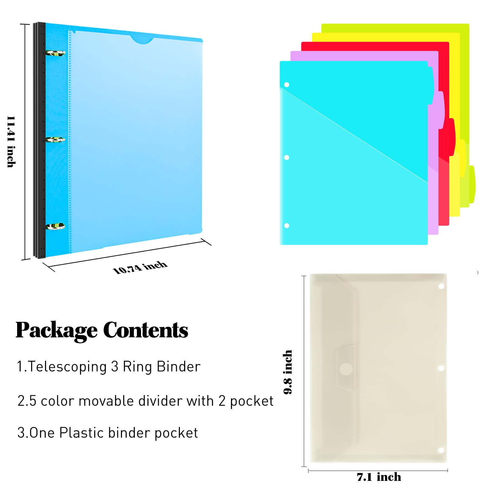 INFUN Telescoping Project Organizer Binder,13 Pocket 3-Ring Folder Binder with Customizable Front Cover,Refillable Binder Organizer with 5 Colors Divider with Tabs and Plastic Binder Pocket -Blue