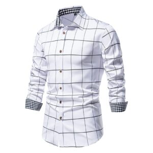 Men's Long Sleeve Striped Dress Shirts Classic Plaid Button Down Shirts Slim Fit Turn-Down Collar Shirt Top (White,Small)