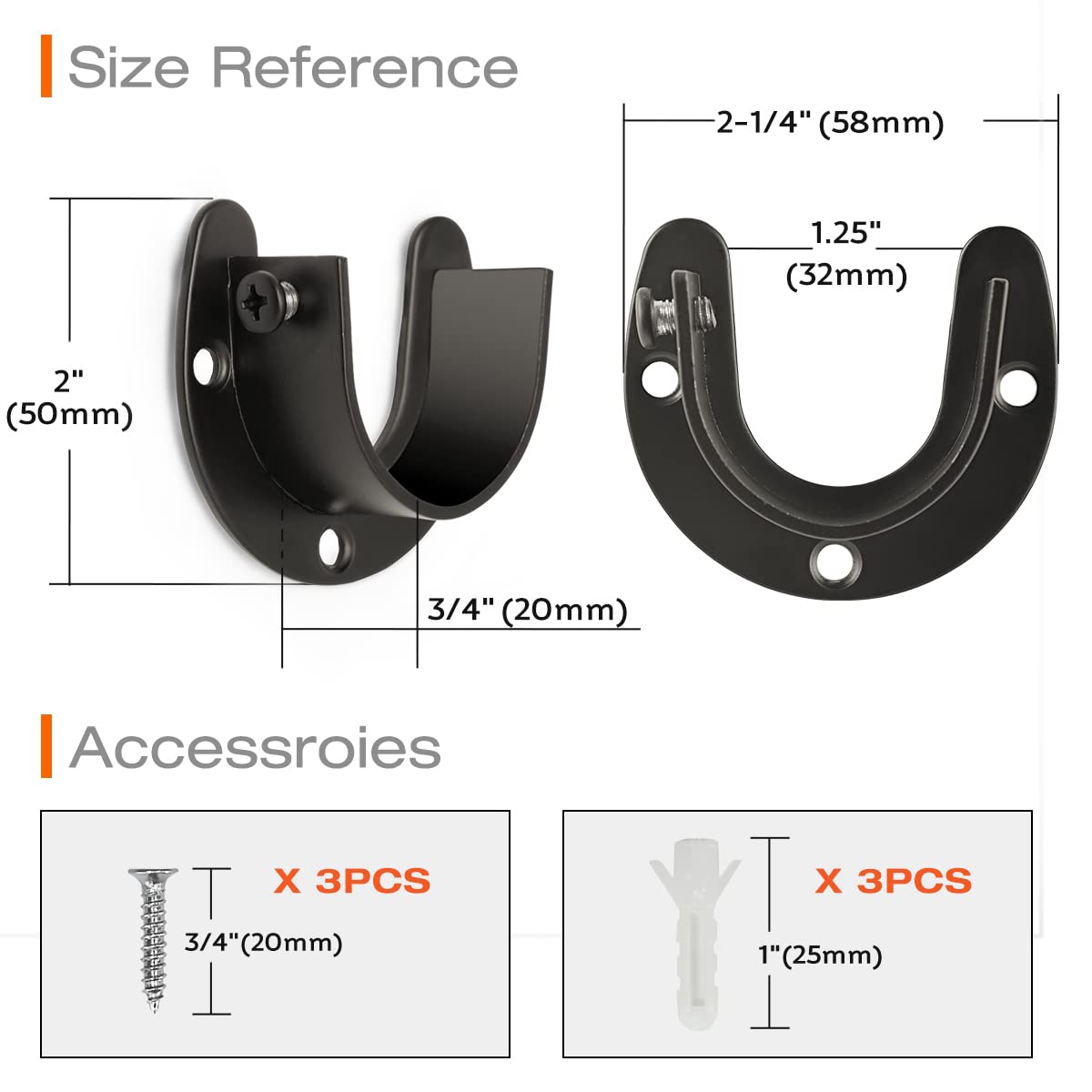 KOVOSCH 2 Pack Stainless Steel Closet Rod Brackets, 1-1/4 Inch Heavy Duty Closet Rod End Support, U-Shaped Closet Pole Holder Flange Rod Sockets with Adjustable Screws, Black