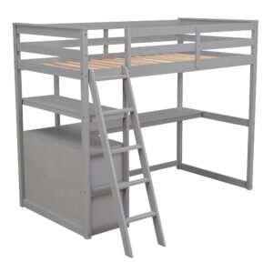 Bellemave Twin Loft Bed with Desk and Storage Drawers Wood Loft Bed with Bookshelf and Ladder for Kids Boys Girls Teens, Gray