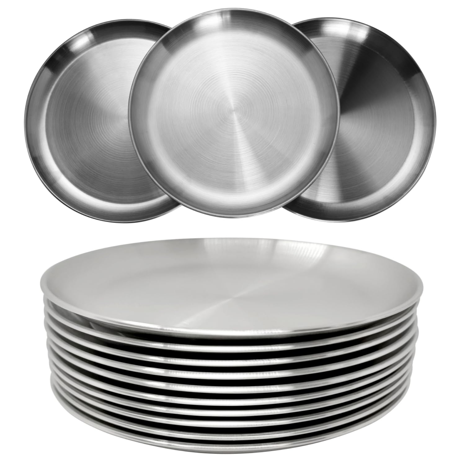 CAMBUY Stainless Steel Plates 9 inch 304 Metal Lightweight Unbreakable Dinner Dishes Plates Set Non-Toxin Dishwasher Safe BPA Free and Healthy (10 Pcs)