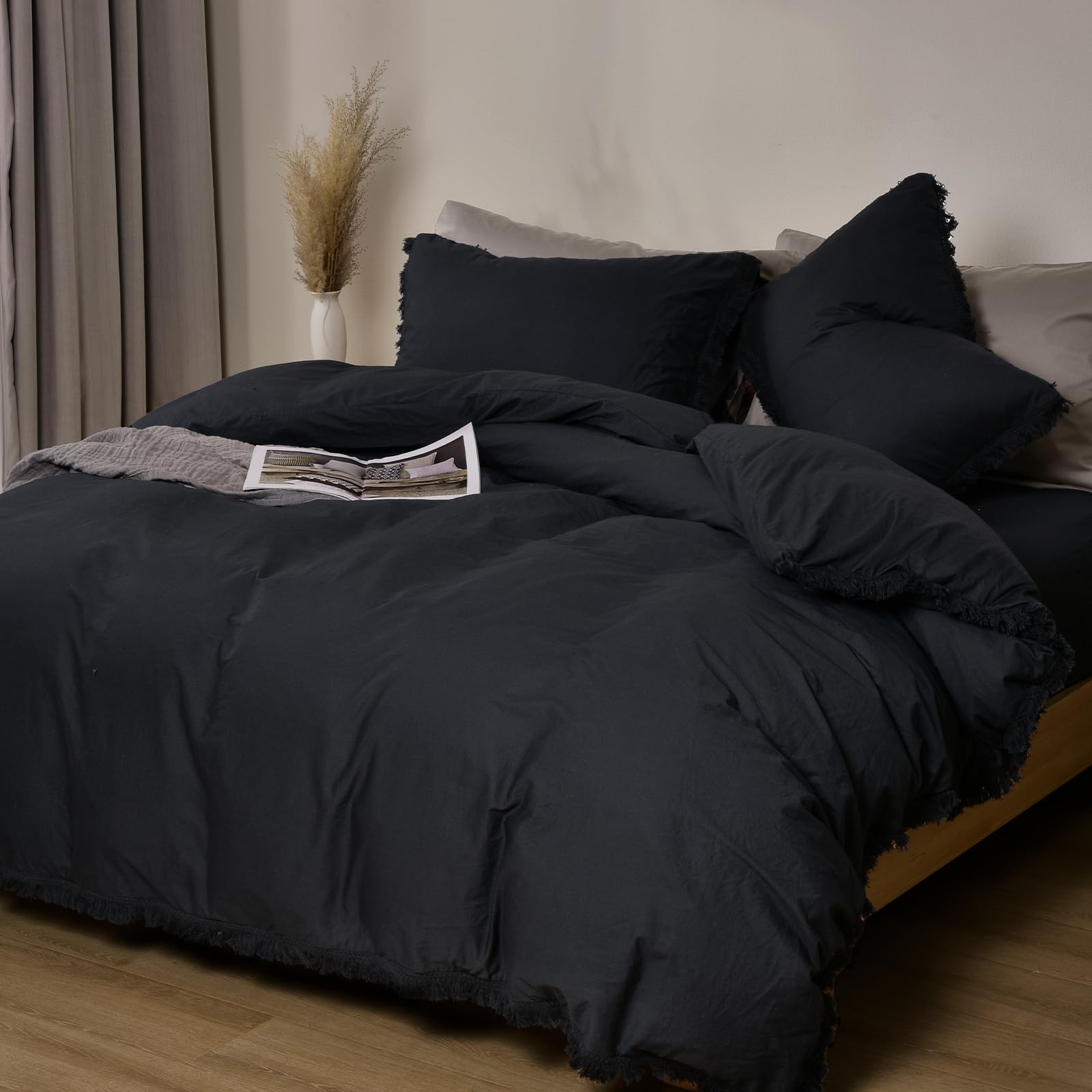 PHF 100% Washed Cotton Duvet Cover Queen Size, Ultra Soft Cotton Tassel Linen Like Duvet Cover Set, 3pcs Breathable Durable Duvet Cover with Pillowcases for All Seasons, 90"x90", Black