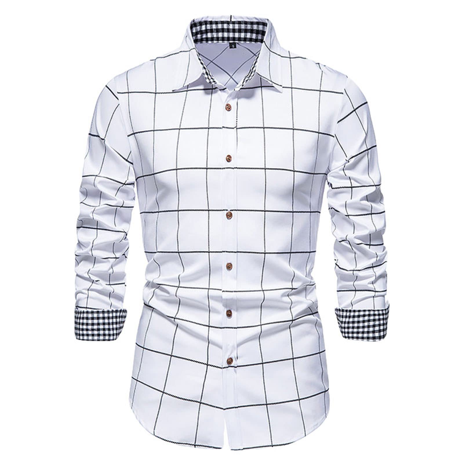 Men's Long Sleeve Striped Dress Shirts Classic Plaid Button Down Shirts Slim Fit Turn-Down Collar Shirt Top (White,Small)