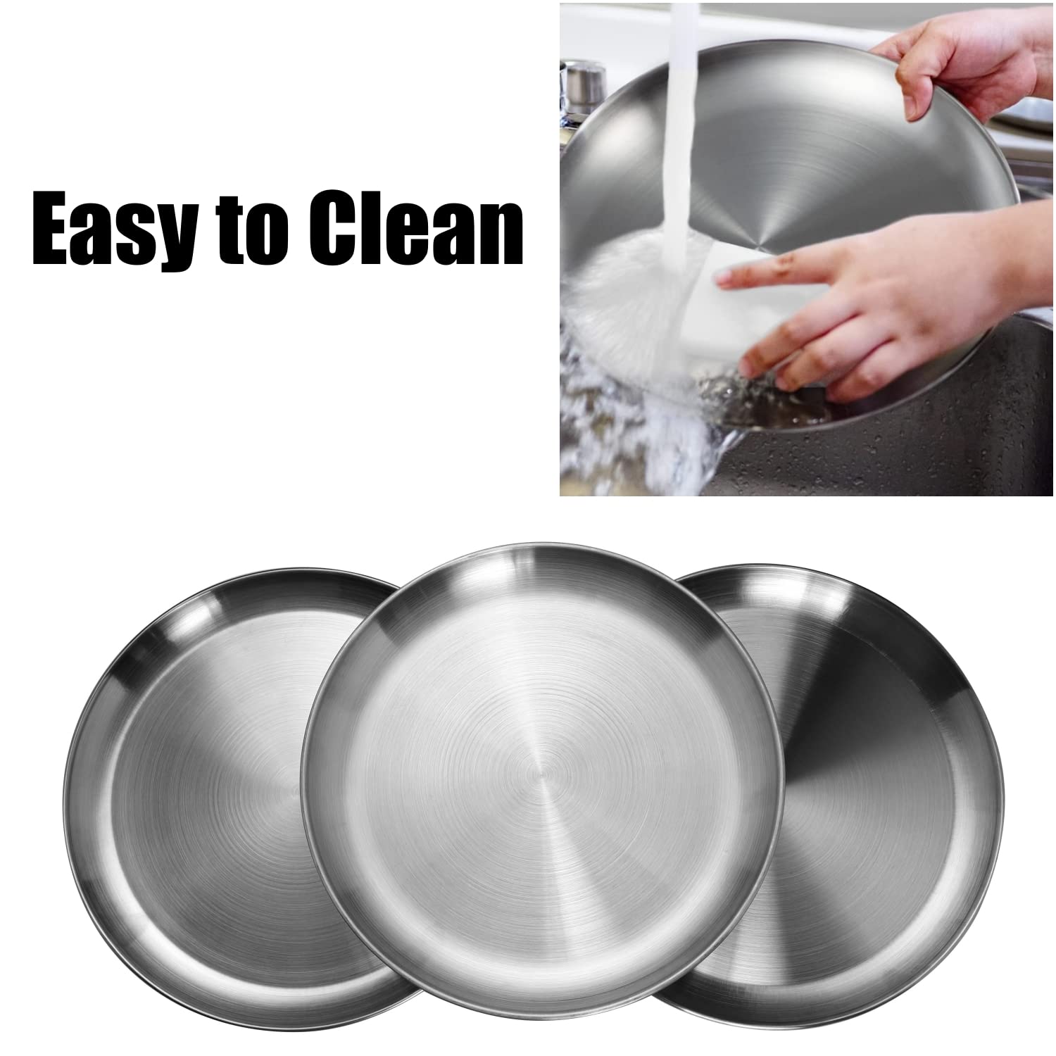 CAMBUY Stainless Steel Plates 9 inch 304 Metal Lightweight Unbreakable Dinner Dishes Plates Set Non-Toxin Dishwasher Safe BPA Free and Healthy (10 Pcs)