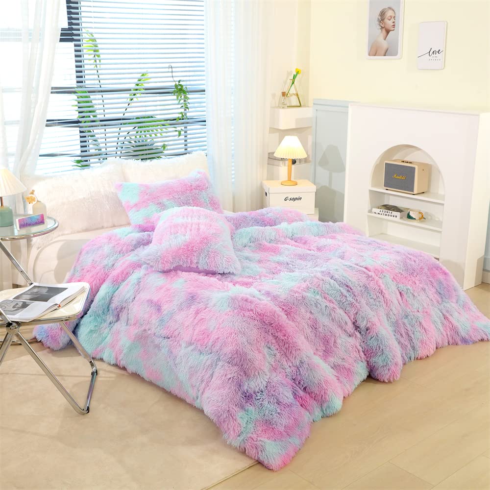 Roscloud Faux Fur Kids Girls Purple Rainbow Comforter Sets Twin/Full - 3PC Bed Set Warm Comfortable Soft Plush Flannel Velvet Fluffy Fuzzy Bedding（Comforter x 1 Pillowcases x 2）