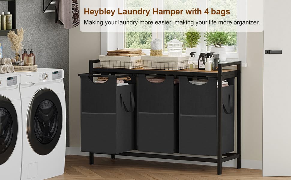 Heybly Laundry Hampers, 3 × 12.5 Gal Laundry Basket with Large Desktop Sorter for Laundry Room organization, Bathroom and Dorm Laundry Bags on Storage Shelf Rustic HLH003SR