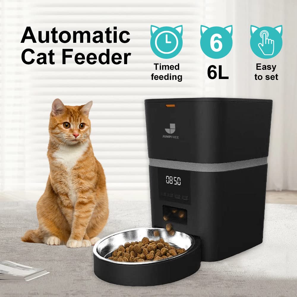 JUMPFREE Automatic Cat Feeder, 6L Black Button Enabled Smart Dry Food Dispenser with Stainless Bowls, Detachable Pet Feeder for Cleaning, for Cats,Large Dogs,Multiple Pets(25 Cup/6L)