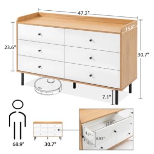 MAISONPEX Dresser for Bedroom with 6 Drawers and Metal Handle,Sturdy Frame Modern Bedroom Furniture, Chest of Drawers, White Dressers with Drawers for Closet Hallway, Living Room, Entryway