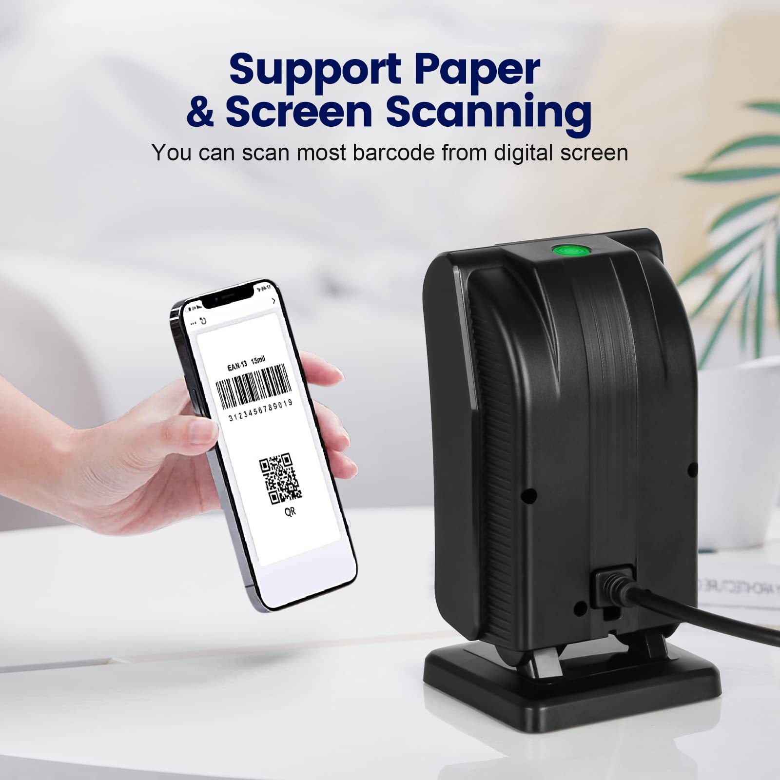 OBZ 1D 2D Desktop Barcode Scanner, Hands-Free USB Wired QR Barcode Reader USB POS Scanner, Automatic Image Sensing Barcode Reader for Android Windows Computer POS Stores Payment