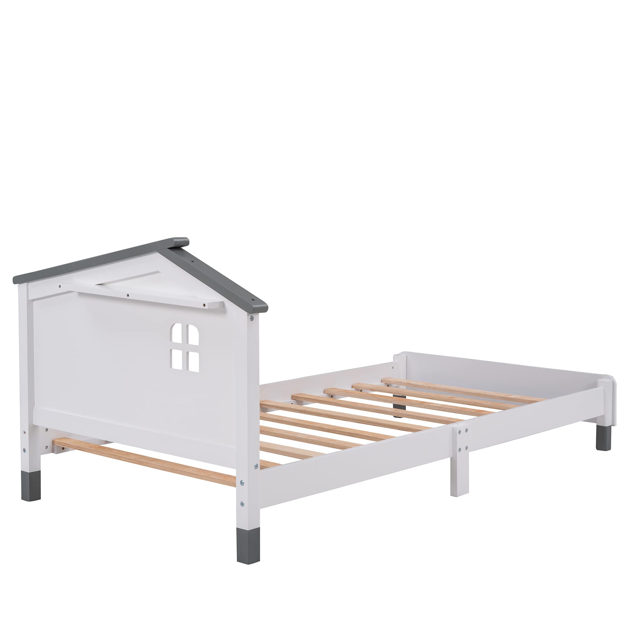 Merax Kids Mordern House Beds Frame Twin, Wood Low Bed for Boys,Girls, No Box Spring Need (Twin, White+Gray)