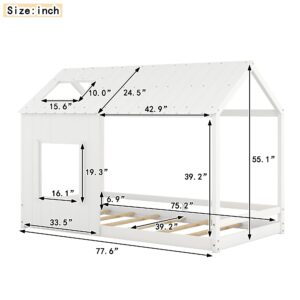 Twin House Bed, Montessori Bed Twin Size Floor Bed with Rails and Roof, Window, Solid Wood Platform Bed Frame with Slats, for Kids Teens Girls Boys (Twin Size, White)