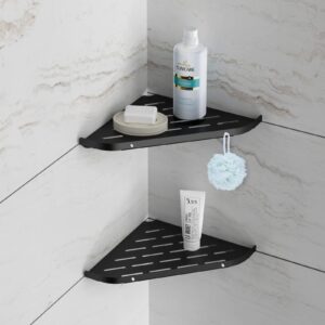 Qeke Corner Shower Shelf, 9" Corner Shower Caddy, SUS304 Stainless Steel Shower Organizer Wall Mount Corner Shelf with 2 Hooks for Bathroom, Dorm and Kitchen, Matte Black (2 Pack)