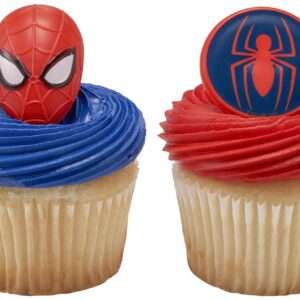 DecoPac Marvel's Spider-Man™ Spider and Mask Rings, Spider-Man Cupcake Decorations, Red and Blue Food Safe Cake Toppers – 24 Pack