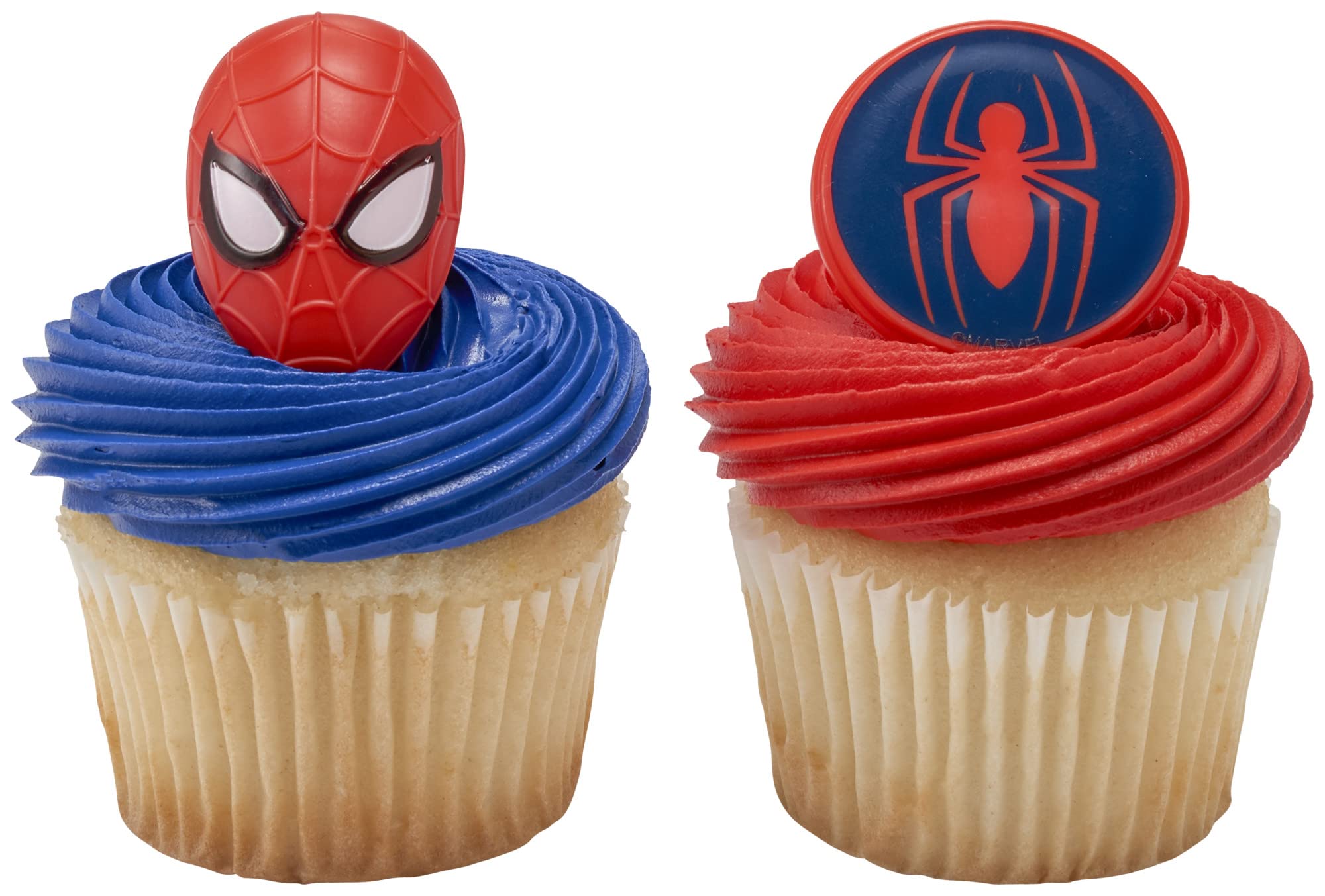 DecoPac Marvel's Spider-Man™ Spider and Mask Rings, Spider-Man Cupcake Decorations, Red and Blue Food Safe Cake Toppers – 24 Pack