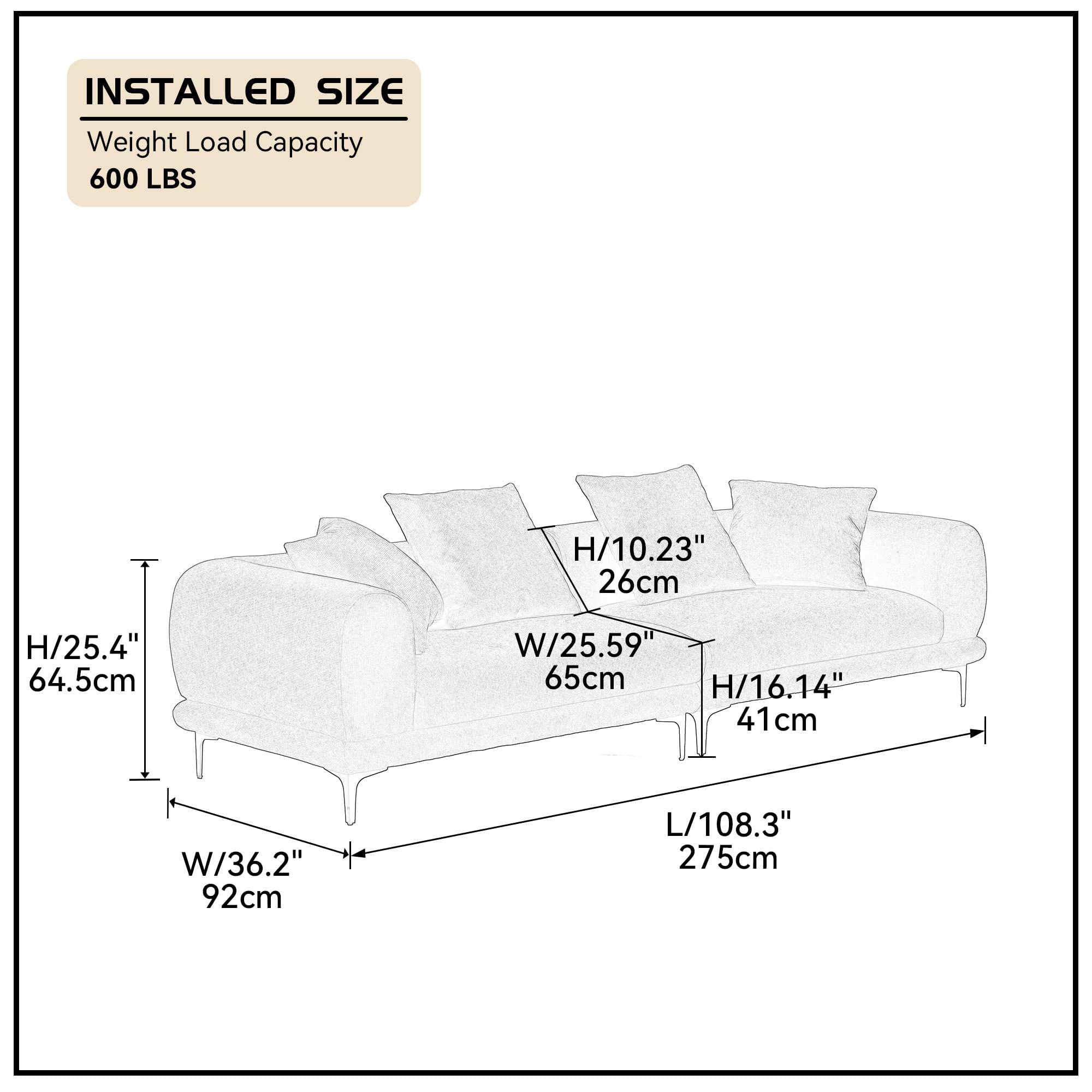 WILLIAMSPACE 108.3" Modern Sofa Couch for Living Room, Mid-Century Luxury 4 Seater Sofa with 4 Throw Pillows, Fabric Back Upholstered Sofa with Metal Leg for Home, Office, Apartment - Beige