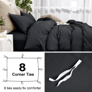 PHF 100% Washed Cotton Duvet Cover King Size, Ultra Soft Cotton Linen Tassel Like Duvet Cover Set, 3pcs Breathable Durable Duvet Cover with Pillowcases for All Seasons, 104"x90", Black