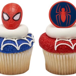 DecoPac Marvel's Spider-Man™ Spider and Mask Rings, Spider-Man Cupcake Decorations, Red and Blue Food Safe Cake Toppers – 24 Pack