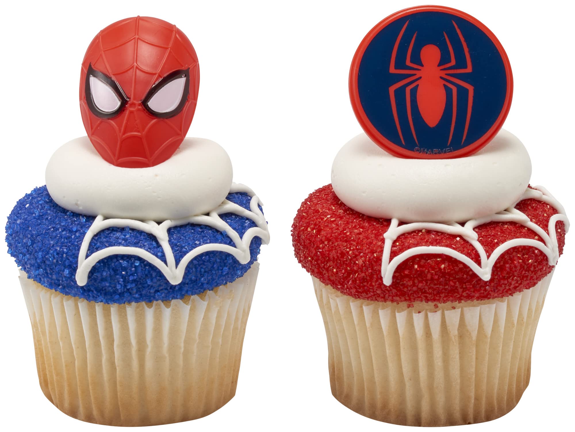 DecoPac Marvel's Spider-Man™ Spider and Mask Rings, Spider-Man Cupcake Decorations, Red and Blue Food Safe Cake Toppers – 24 Pack