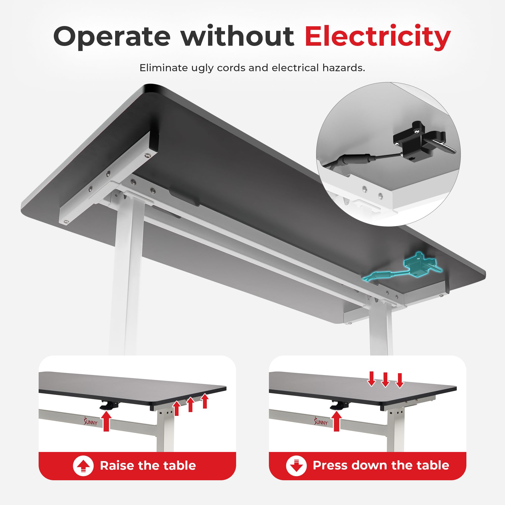 Sunny Health & Fitness Multi-Purpose Air-Drive Adjustable Standing Desk, Pneumatic Air Lifting, Electricity-Free, Scratch-Resistant Surface with up to 47.2" Height, Treadmill Compatible SF-A023001