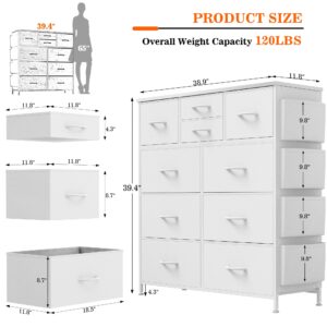 Lulive White Dresser for Bedroom with 10 Drawers, Chest of Drawers with Side Pockets and Hooks, PU Storage Dresser, Organizer Unit for Living Room, Hallway, Closet (White)