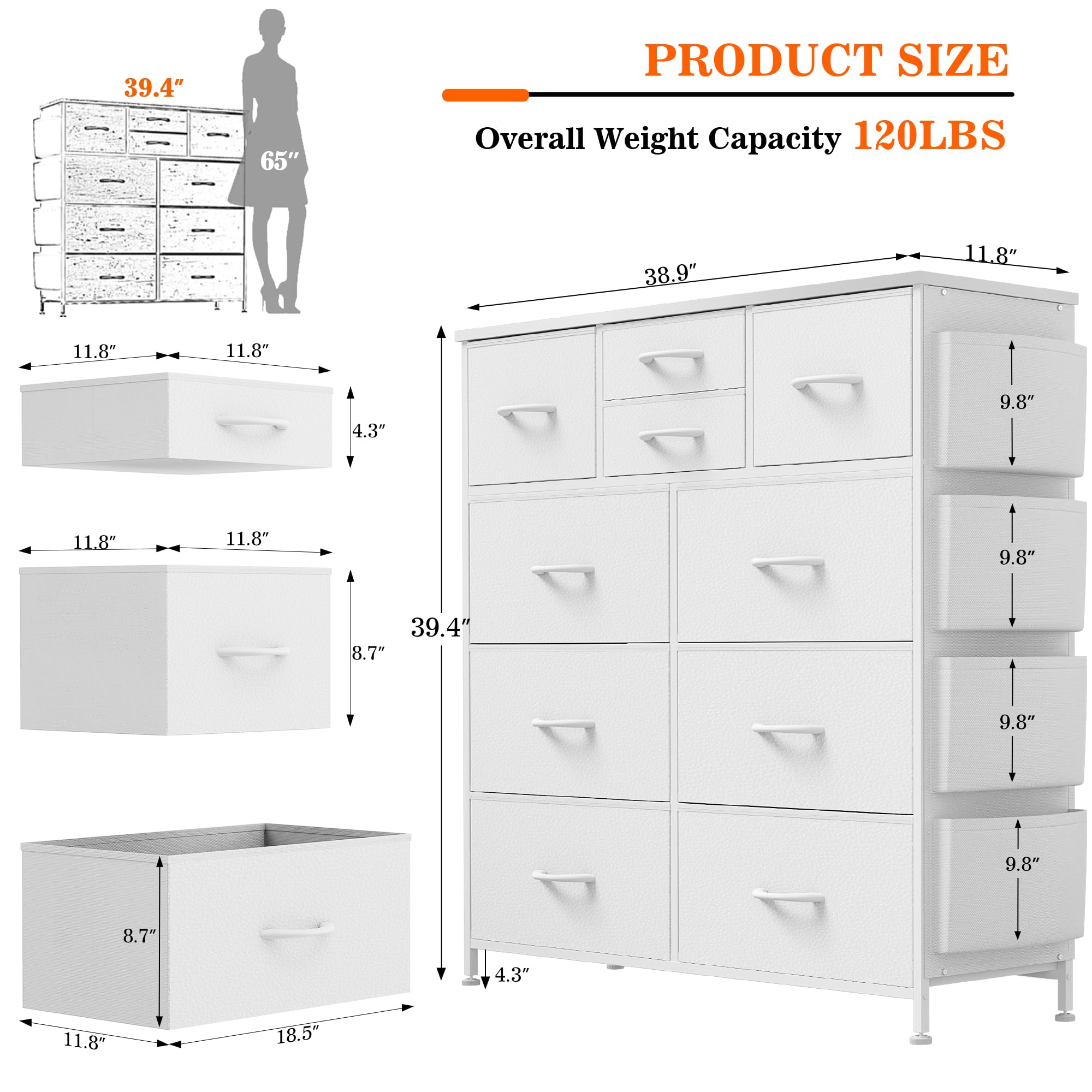 Lulive White Dresser for Bedroom with 10 Drawers, Chest of Drawers with Side Pockets and Hooks, PU Storage Dresser, Organizer Unit for Living Room, Hallway, Closet (White)