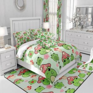 Mushroom Frog Duvet Cover Set Twin Size Cute Mushroom Bedding Set 2pcs for Kids Girls Boys Bedroom Decor Cartoon Animals Plants Comforter Cover Pink Green Quilt Cover,1 Pillowcase