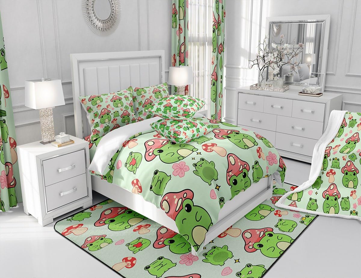 Mushroom Frog Duvet Cover Set Twin Size Cute Mushroom Bedding Set 2pcs for Kids Girls Boys Bedroom Decor Cartoon Animals Plants Comforter Cover Pink Green Quilt Cover,1 Pillowcase