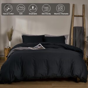 PHF 100% Washed Cotton Duvet Cover Queen Size, Ultra Soft Cotton Tassel Linen Like Duvet Cover Set, 3pcs Breathable Durable Duvet Cover with Pillowcases for All Seasons, 90"x90", Black