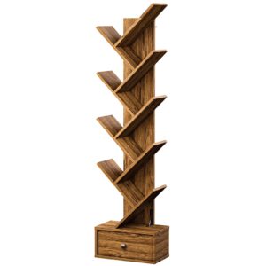 pipishell bookshelf with drawer, 8-tier vertical tree bookshelf, modern bookcase, modern book storage, book shelf organizer for living room, bedroom, home office, rustic brown, pibs03wn