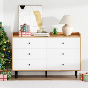 MAISONPEX Dresser for Bedroom with 6 Drawers and Metal Handle,Sturdy Frame Modern Bedroom Furniture, Chest of Drawers, White Dressers with Drawers for Closet Hallway, Living Room, Entryway