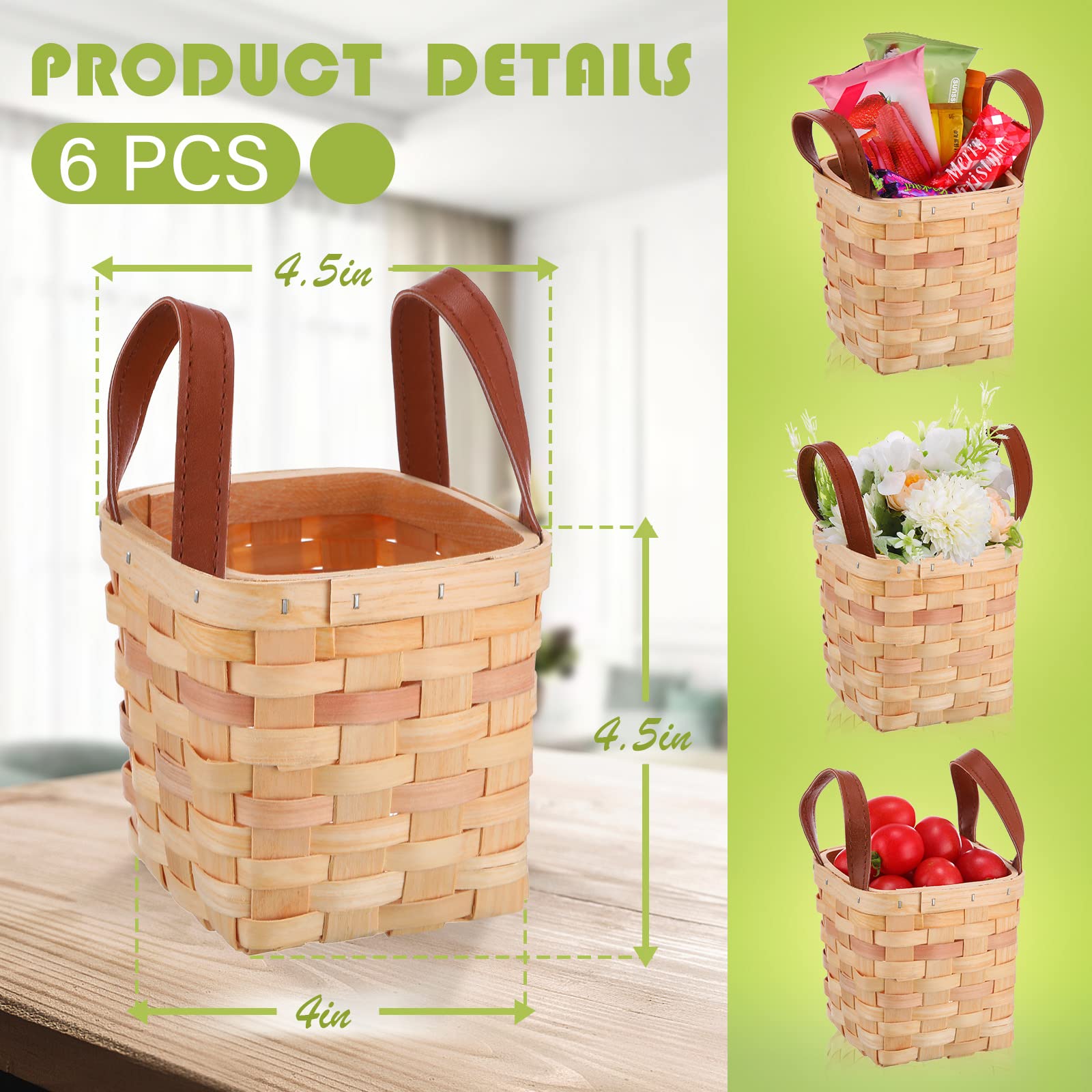 Rtteri 6 Pcs 4.5x4.5x4 In Small Wicker Baskets Woodchip Baskets with Handles Wood Woven Easter Empty Wicker Baskets for Gifts Small Square Basket Storage Organizing Pantry Party Container(Yellow)