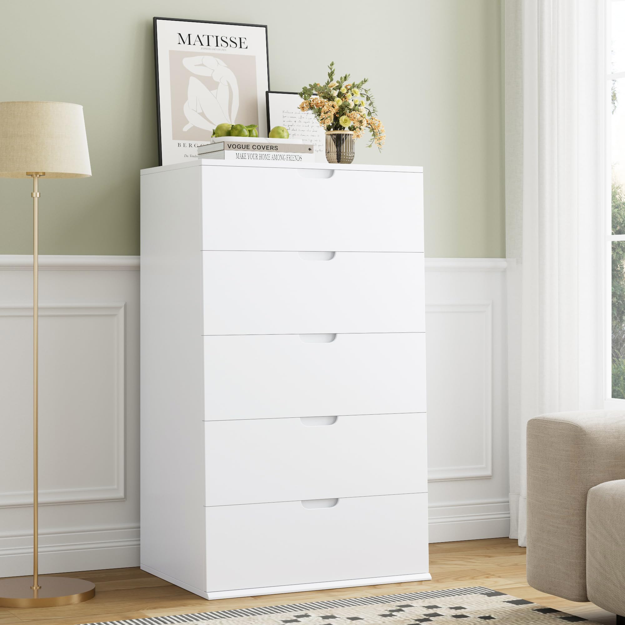 FOTOSOK 5 Drawer Dresser, White Dresser Modern Dresser Wood Chest of Drawers with Closed Cut-Out Handles, 23.6L x 17.3W x 39.4H Inch Tall White Dresser for Home Office